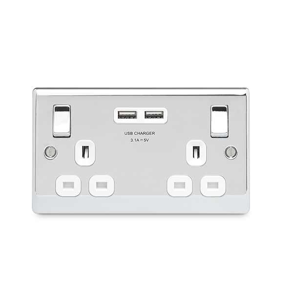 BG NPC22U3W Nexus Metal Polished Chrome 2x Swi. 13A Power Skt w- Usb Charging - 2X Usb Skts (3.1A) - BG - Falcon Electrical UK