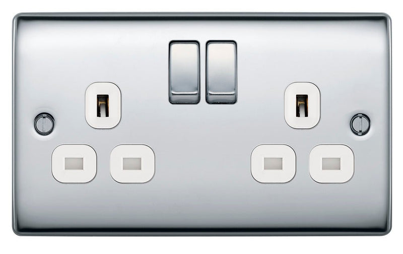 BG NPC22W Nexus Metal Polished Chrome Double Switched 13A Power Socket - BG - Falcon Electrical UK