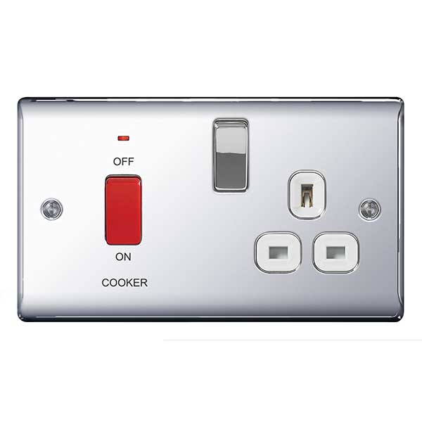 BG NPC70W Nexus Metal Polished Chrome 45A Cook. Control Unit w- Swi. 13A Power Skt. + Neon - BG - Falcon Electrical UK