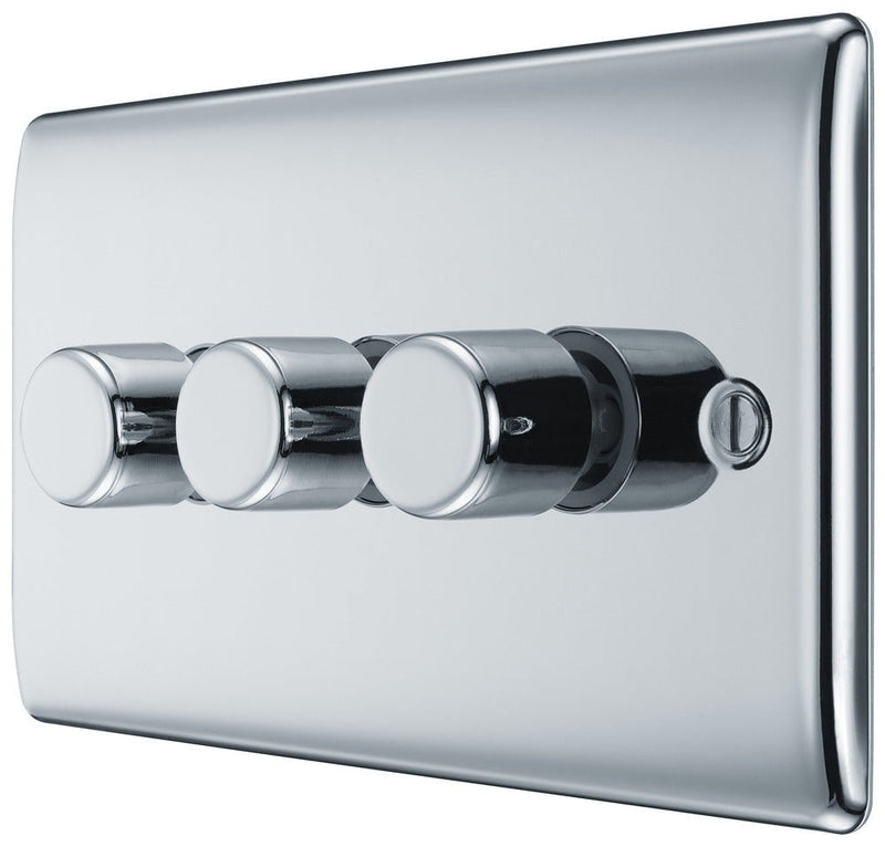 BG NPC83 Nexus Metal Polished Chrome Intelligent 400W Triple Dimmer Switch, 2-Way Push On-Off - BG - Falcon Electrical UK