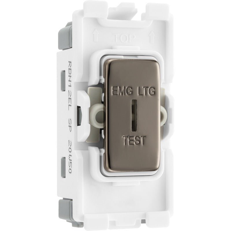 BG RBN12EL Nexus Black Nickel Grid 20AX Sc Key Switch 2W, Single Pole "Emg Ltg Test" - BG - Falcon Electrical UK