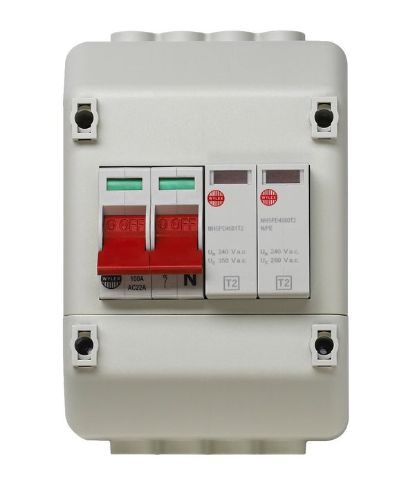Wylex REC2SPD Enclosed, Insulated, 100A DP Supply Isolator with Type 2 SPD - Wylex - Falcon Electrical UK