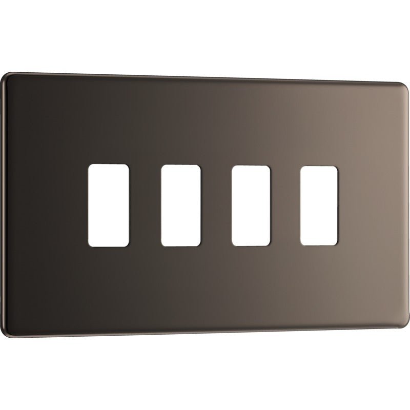 BG RFBN4 Nexus Black Nickel 4-Module Grid Front Plate - Screwless - BG - Falcon Electrical UK
