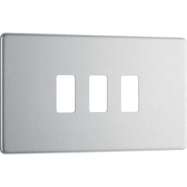 BG RFBS3 Nexus Brushed Steel 3-Module Grid Front Plate - Screwless - BG - Falcon Electrical UK