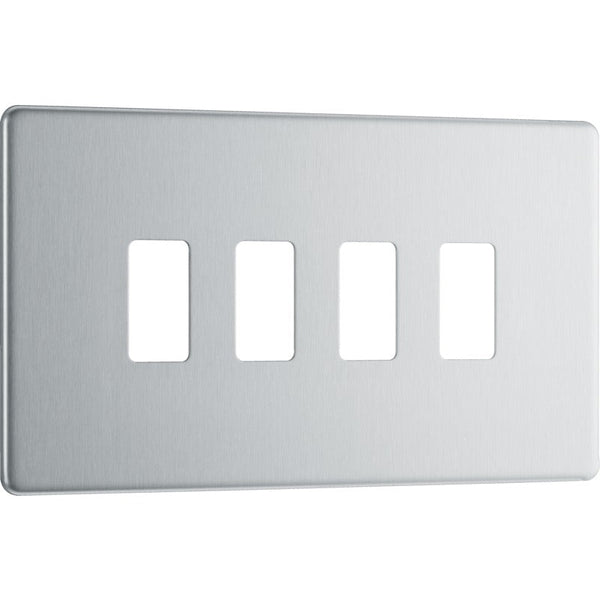 BG RFBS4 Nexus Brushed Steel 4-Module Grid Front Plate - Screwless - BG - Falcon Electrical UK