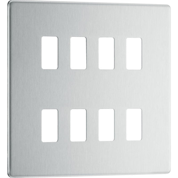 BG RFBS8 Nexus Brushed Steel 8-Module Grid Front Plate - Screwless - BG - Falcon Electrical UK