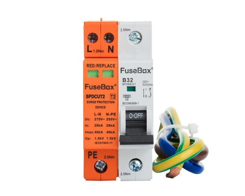 Fusebox SPDCUKITT2 T2 Surge Protection Device (18mm) With 32a MCB And Cables - Fusebox - Falcon Electrical UK